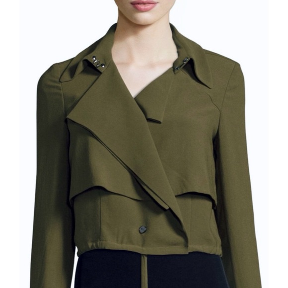 HAUTE HIPPIE • Olive Green Cropped Drawstring Trench Jacket, S - Picture 2 of 16